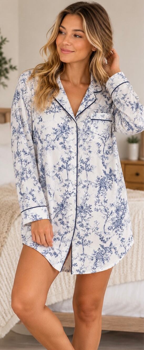 Petite Plume Blue Toile Cotton Nightshirt Sleep Dress Women’s L